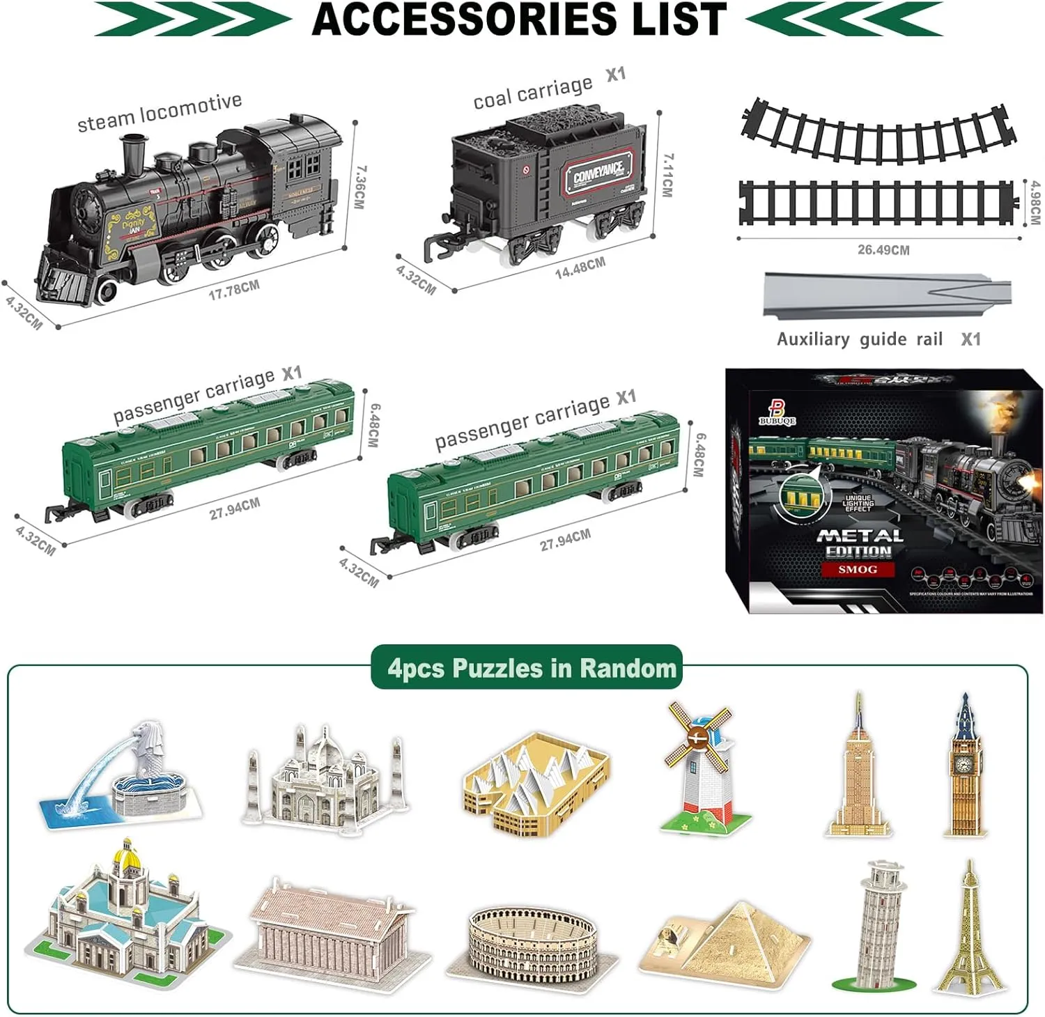 Electric Train Sets for Boys Girls Metal Alloy Christmas Trains Toys Steam Locomotive, Passenger Carriages, Tracks, Light & Sounds Rechargeable Birthday Gifts for Kids 3 4 5 6 7 8   Years Old Green …