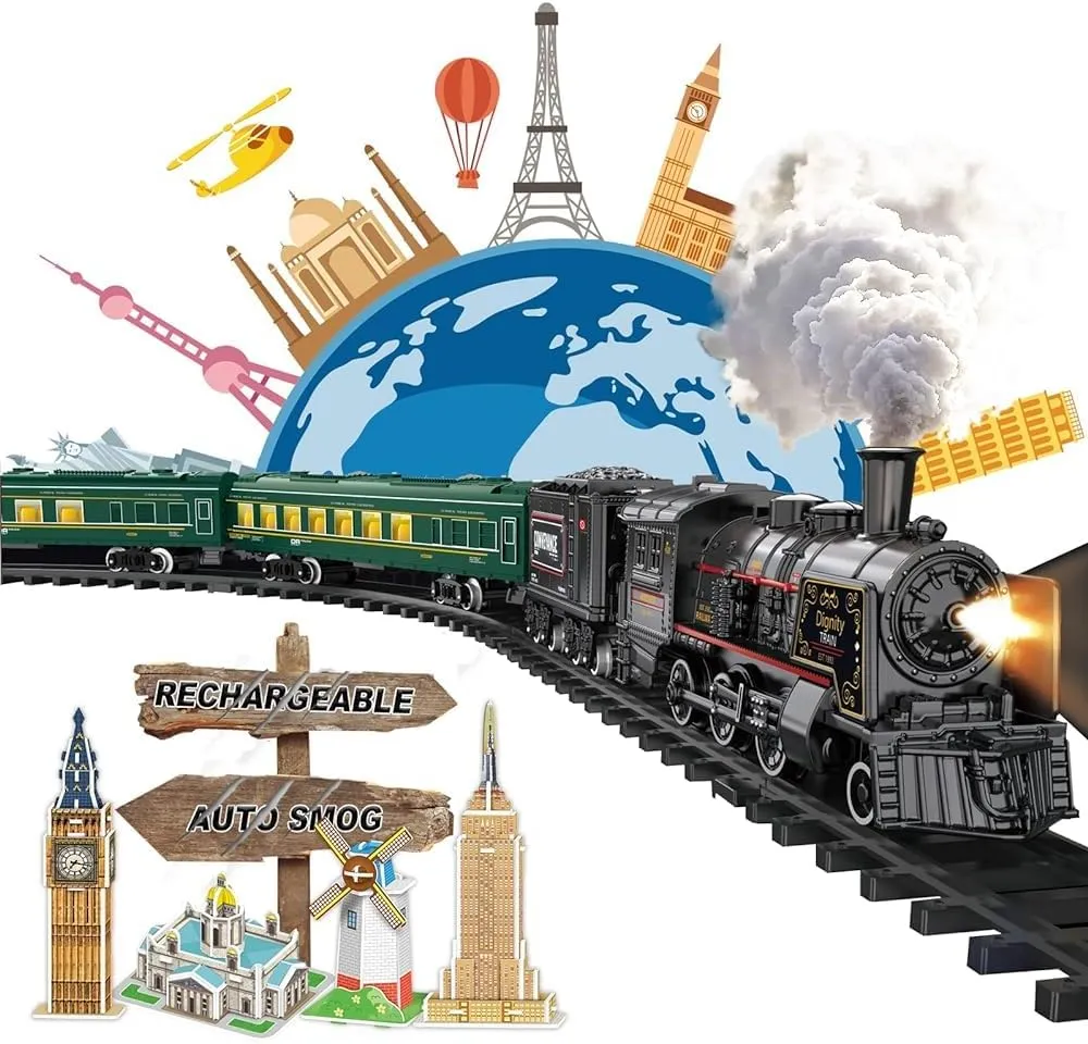 Electric Train Sets for Boys Girls Metal Alloy Christmas Trains Toys Steam Locomotive, Passenger Carriages, Tracks, Light & Sounds Rechargeable Birthday Gifts for Kids 3 4 5 6 7 8   Years Old Green …