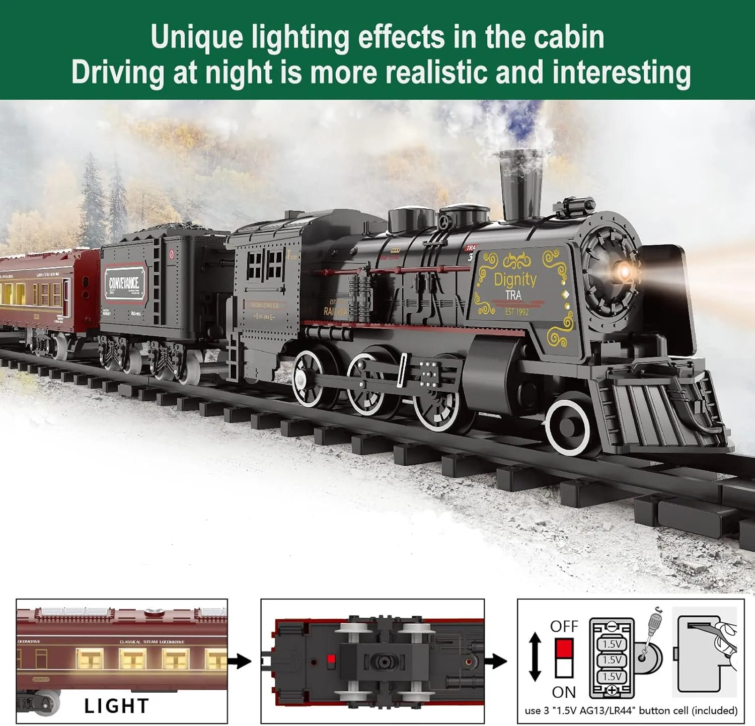 Electric Train Sets for Boys Girls Metal Alloy Christmas Trains Toys Steam Locomotive, Passenger Carriages, Tracks, Light & Sounds Rechargeable Birthday Gifts for Kids 3 4 5 6 7 8   Years Old Green …
