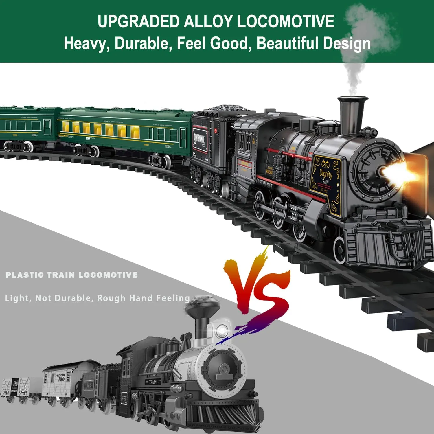 Electric Train Sets for Boys Girls Metal Alloy Christmas Trains Toys Steam Locomotive, Passenger Carriages, Tracks, Light & Sounds Rechargeable Birthday Gifts for Kids 3 4 5 6 7 8   Years Old Green …