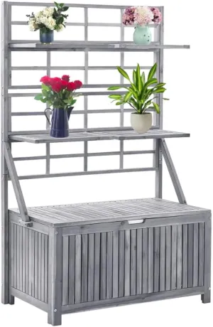 Elegant Storage Box with Trellis for Your Garden, 4-Shelf Design, Solid Acacia Wood with Gray Wash Finish