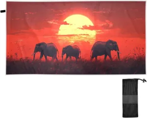 Elephants Sunset Prairie Red Large Beach Towel with Bag Sand Free Camping Towel Quick Dry Towel for Shower Bathroom Beach Gym 71×31 in