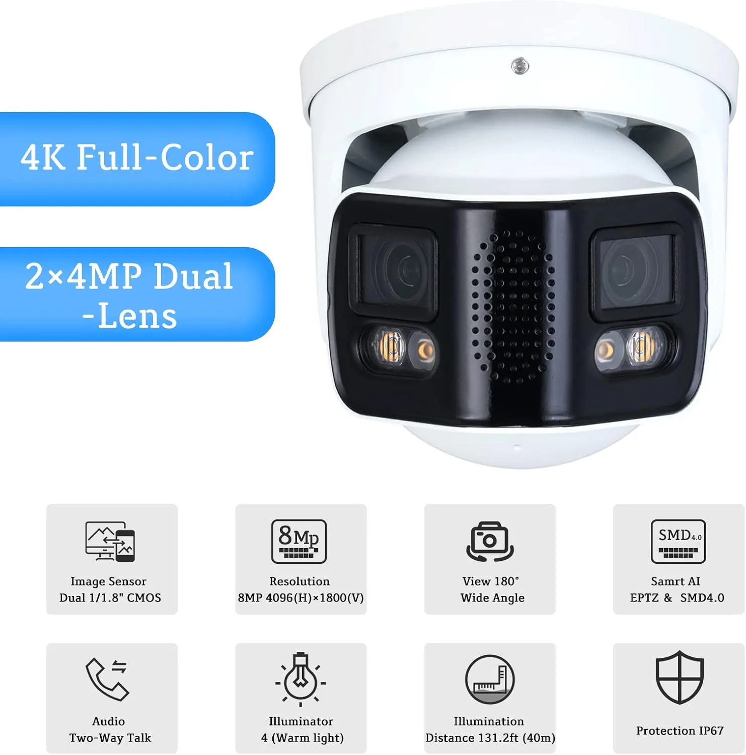 EmpireTech Security Camera Outdoor 4K Full-Color 2×4MP Dual-Lens 1/1.8" CMOS Smart Splicing IP POE Camera Outputs 180° Wide Angle, Two-Way Talk IPC-Color4K-T180 (White)