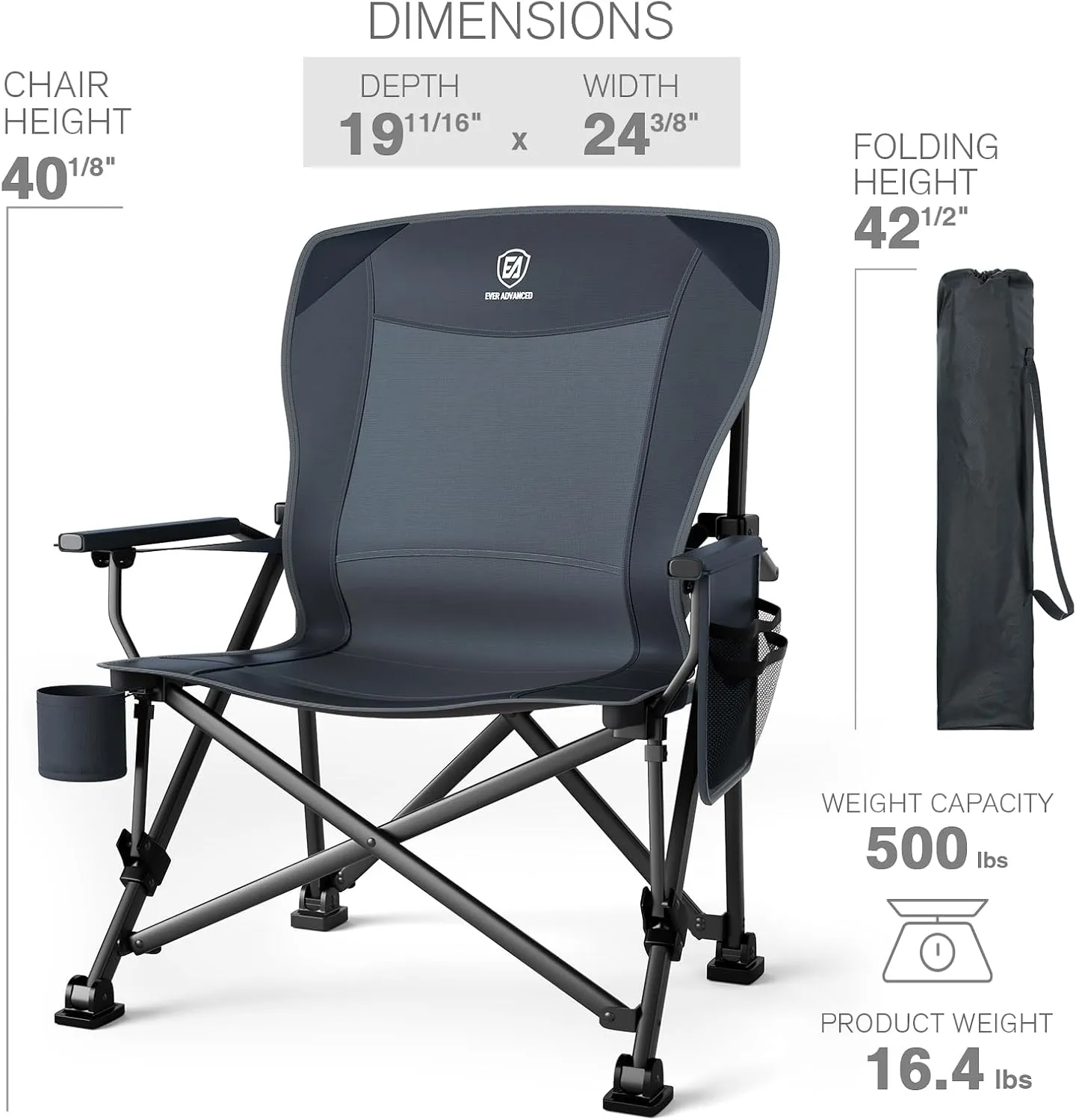 EVER ADVANCED Oversized Folding Camping Chair for Adults with Adjustable Lumbar Support, Heavy Duty Chair with Side Pockets, Portable Collapsible Quad Chair for Outside