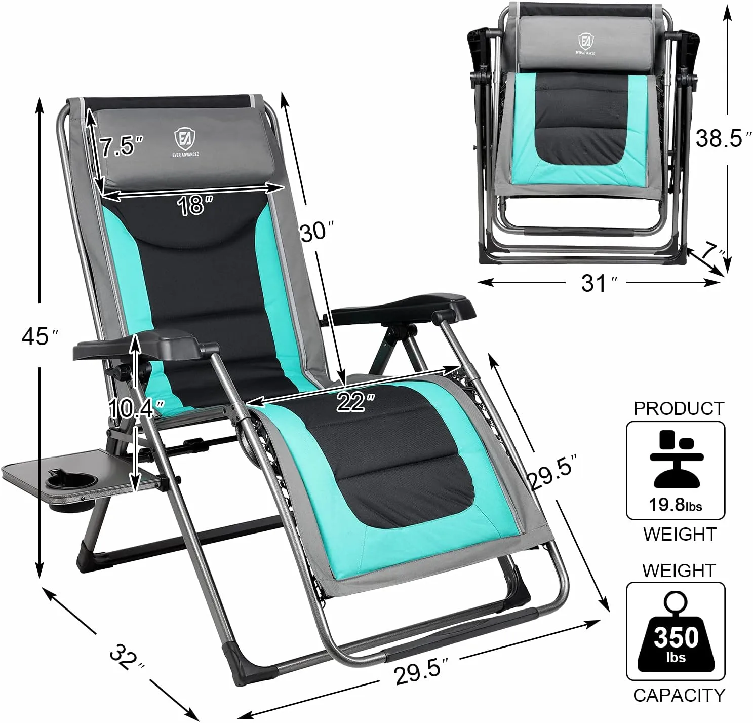 EVER ADVANCED Set of 2 Oversize XL Zero Gravity Recliner Padded Patio Lounger Chair with Adjustable Headrest Support 350lbs (Green)