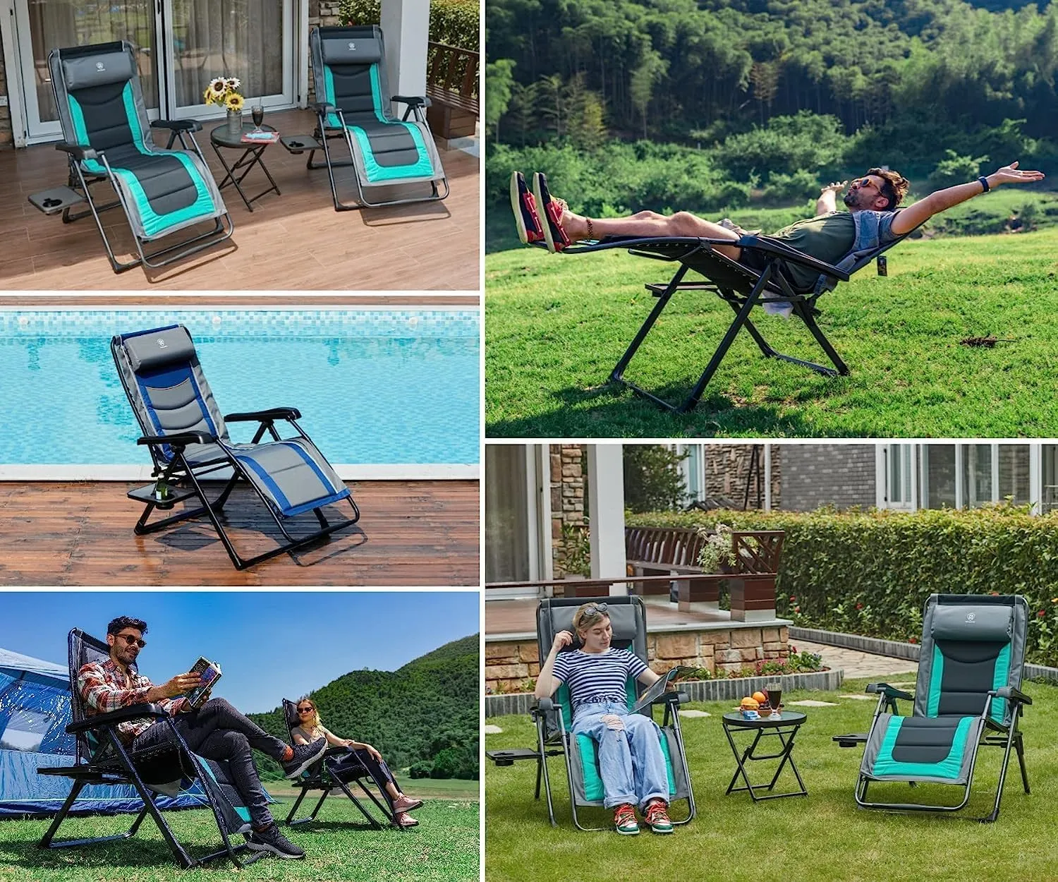 EVER ADVANCED Set of 2 Oversize XL Zero Gravity Recliner Padded Patio Lounger Chair with Adjustable Headrest Support 350lbs (Green)