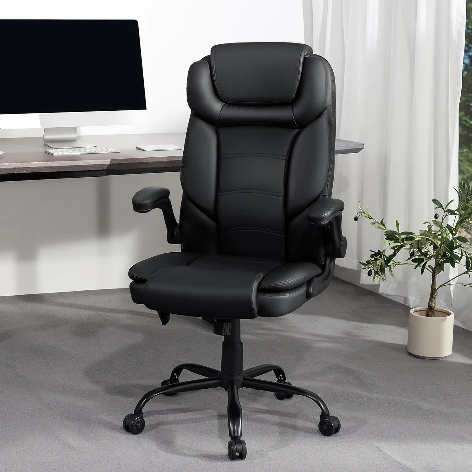 Executive Office Chair Big and Tall 450lbs Heavy Duty Office Chair with Adjustable Lumbar Support High Back Ergonomic Home Computer Leather Chair with Padded Flip-up Arms for Heavy People,Black