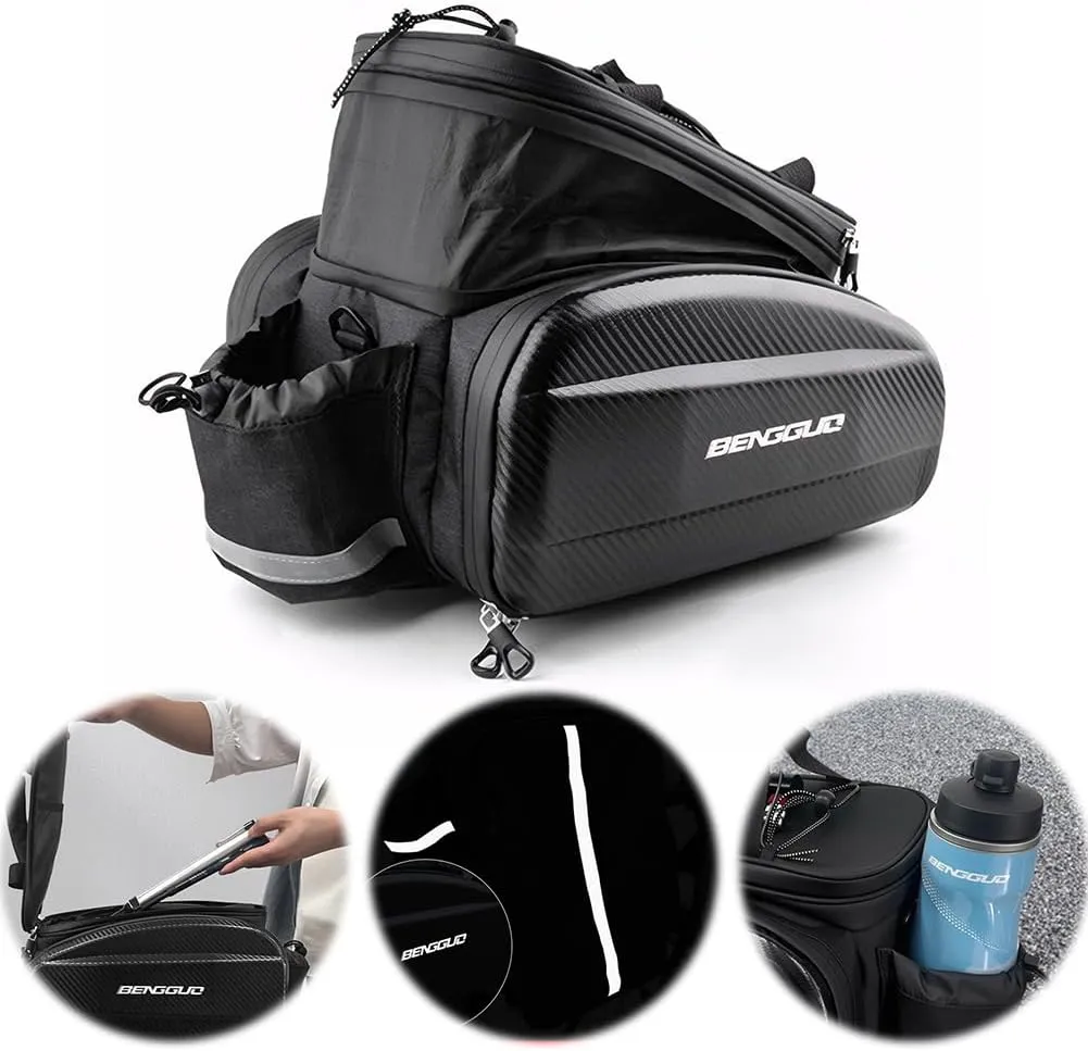 Expandable Bike Rack Bag 17-30L EVA Hard Shell Reflective Bicycle Pannier with Water Bottle Holder