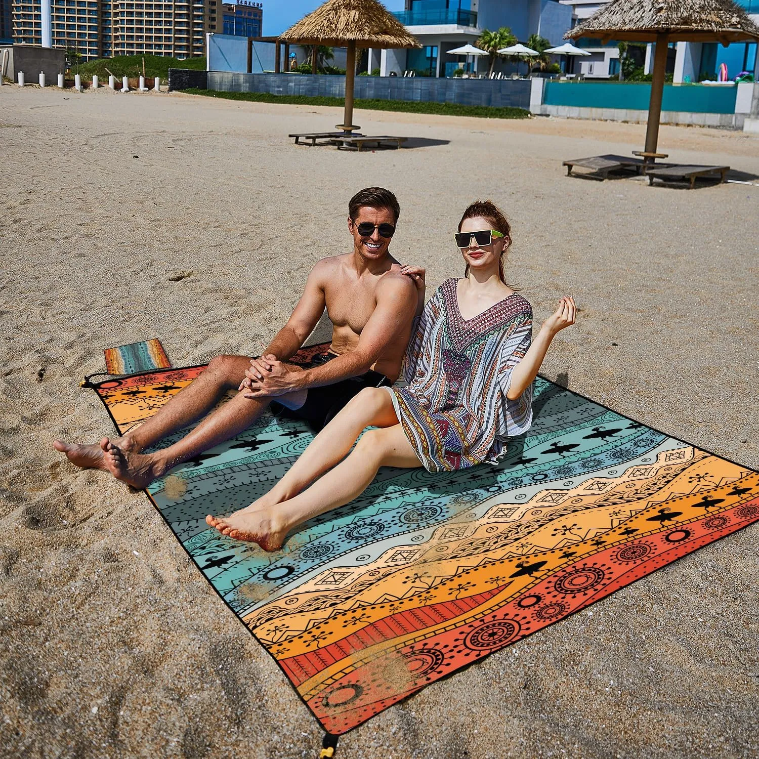 Extra Large 86.6×70.8 inches Beach Mat - Sand-Proof Waterproof Polyester Picnic Blanket for Outdoor, Portable Foldable, with 4 Plastic Stakes and 1 Mesh Bag(Quick-Dry, Striped)