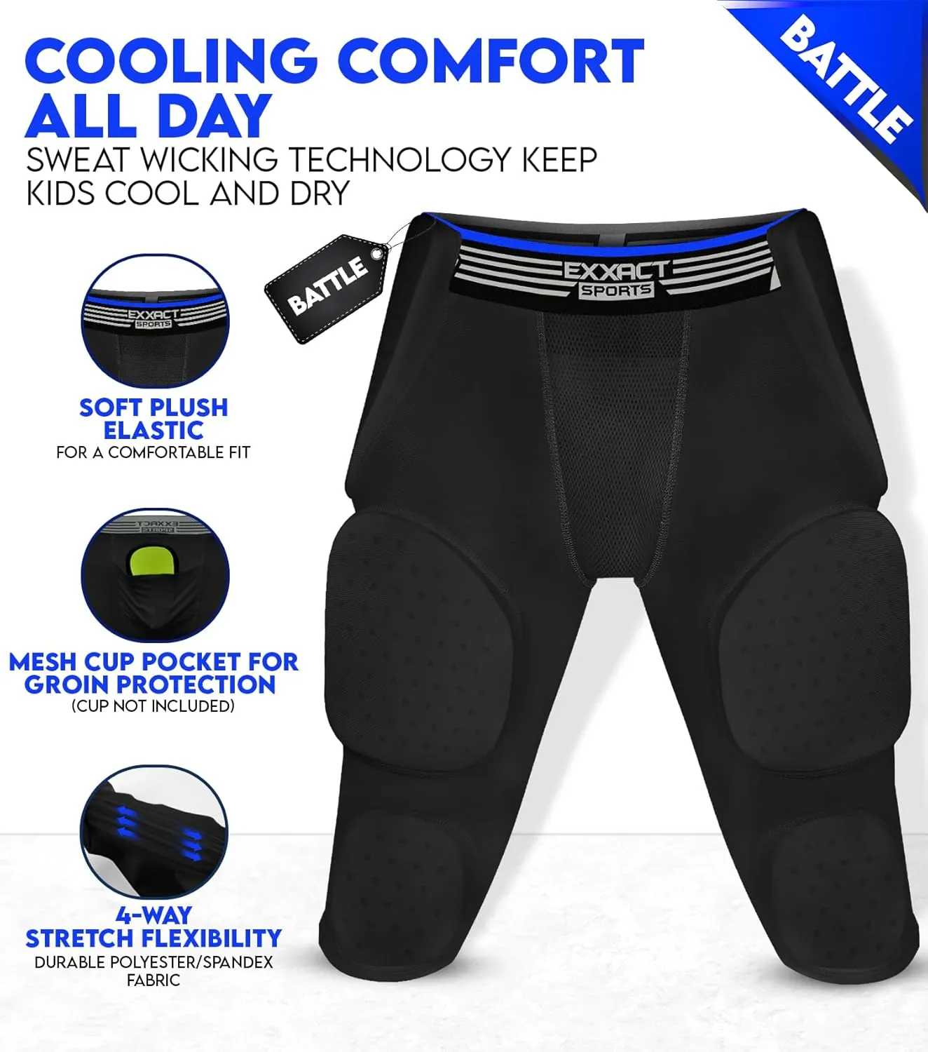 Exxact Sports Battle 7-Pad Football Girdle for Men & Boys with Cup Pocket - Lightweight Padded Compression Shorts with Integrated Ultra Flex Pads, Girdle Football
