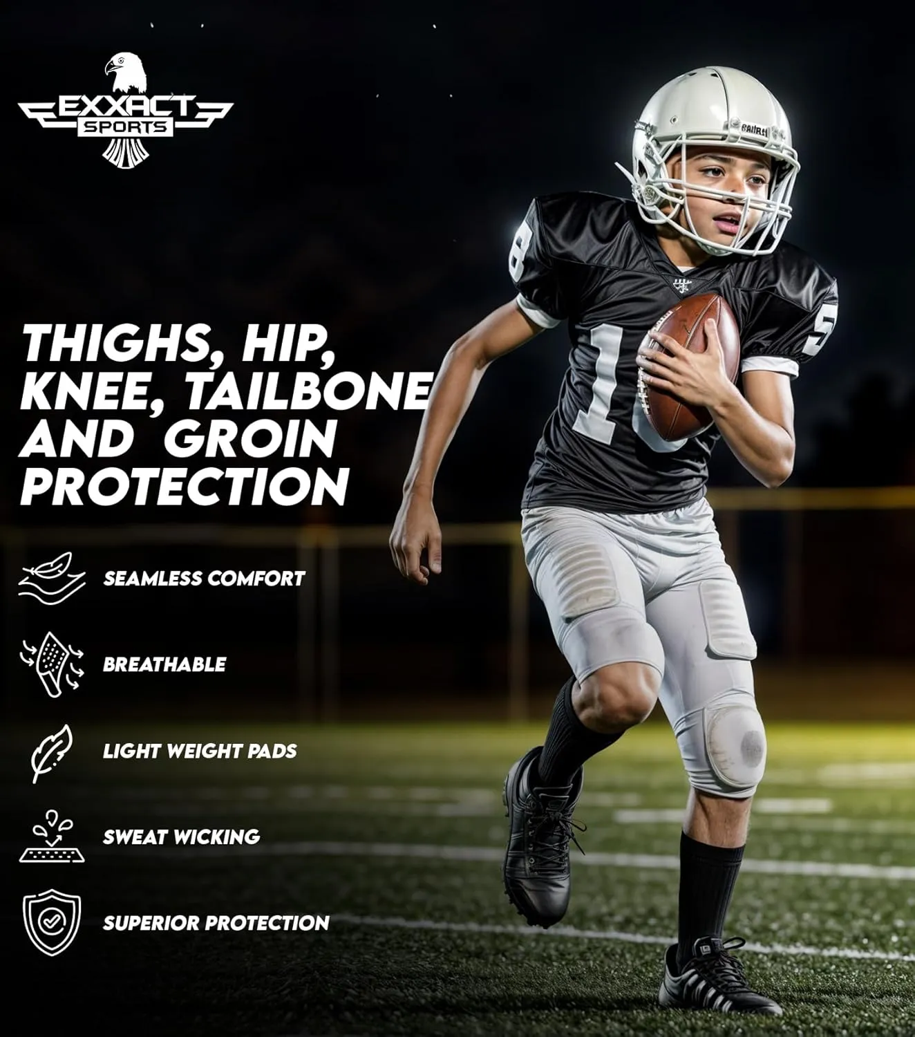 Exxact Sports Battle 7-Pad Football Girdle for Men & Boys with Cup Pocket - Lightweight Padded Compression Shorts with Integrated Ultra Flex Pads, Girdle Football