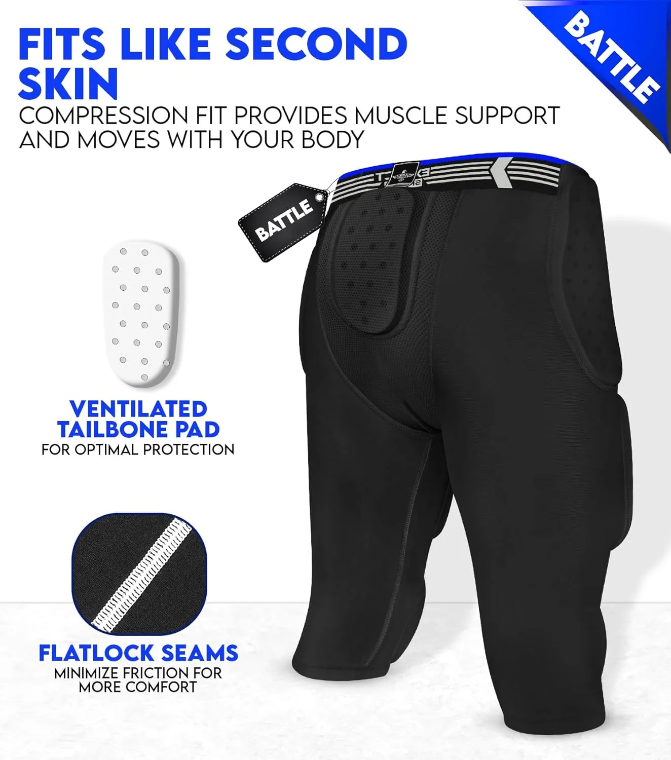 Exxact Sports Battle 7-Pad Football Girdle for Men & Boys with Cup Pocket - Lightweight Padded Compression Shorts with Integrated Ultra Flex Pads, Girdle Football