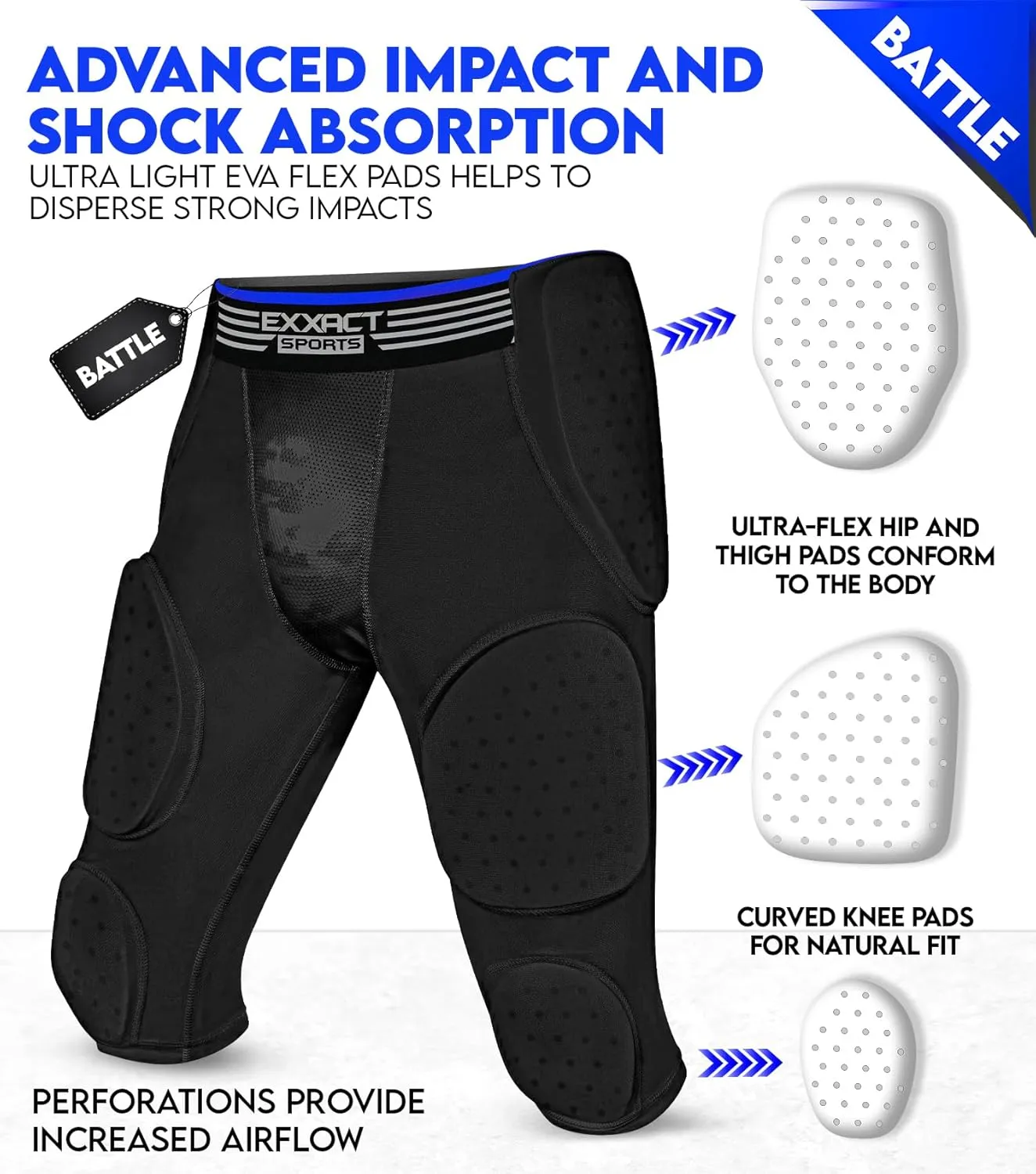 Exxact Sports Battle 7-Pad Football Girdle for Men & Boys with Cup Pocket - Lightweight Padded Compression Shorts with Integrated Ultra Flex Pads, Girdle Football