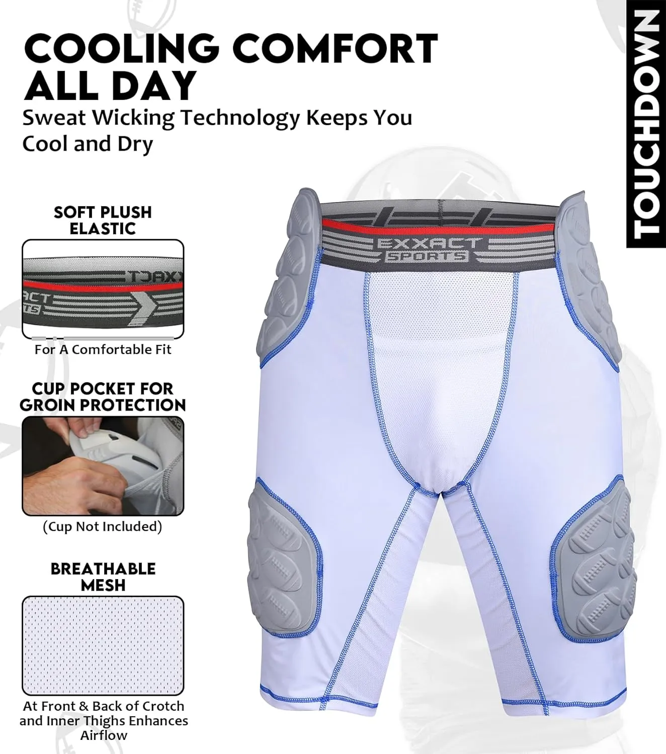 Exxact Sports Touchdown 5-Pad Adult Football Girdle for Men with Cup Pocket, Lightweight Padded Compression Shorts with Integrated Hip, Thigh, Tailbone Pads, Men's Girdle Football