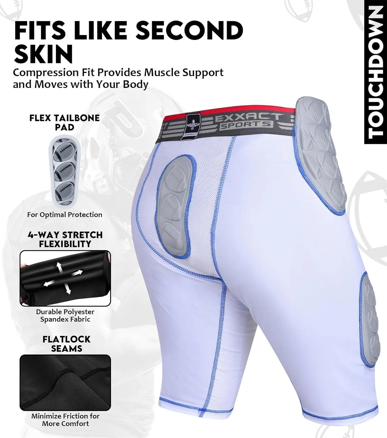 Exxact Sports Touchdown 5-Pad Adult Football Girdle for Men with Cup Pocket, Lightweight Padded Compression Shorts with Integrated Hip, Thigh, Tailbone Pads, Men's Girdle Football