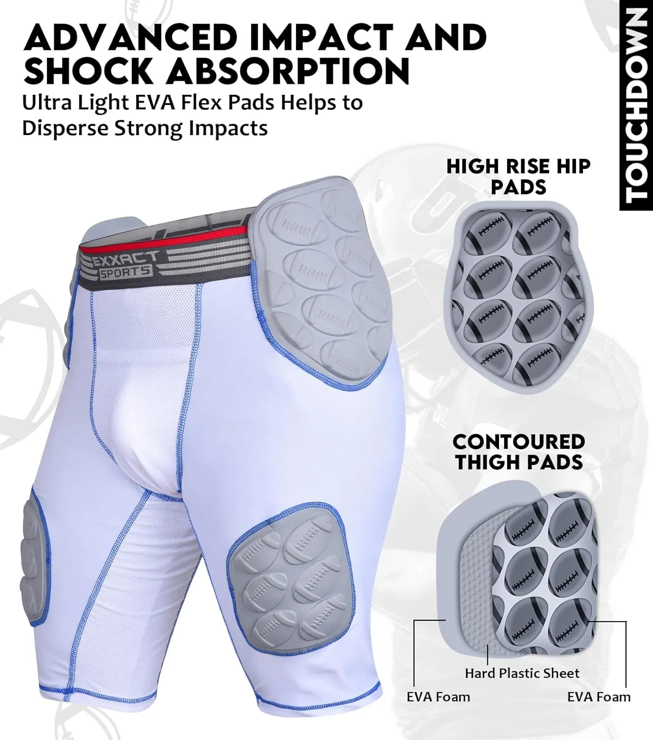 Exxact Sports Touchdown 5-Pad Adult Football Girdle for Men with Cup Pocket, Lightweight Padded Compression Shorts with Integrated Hip, Thigh, Tailbone Pads, Men's Girdle Football