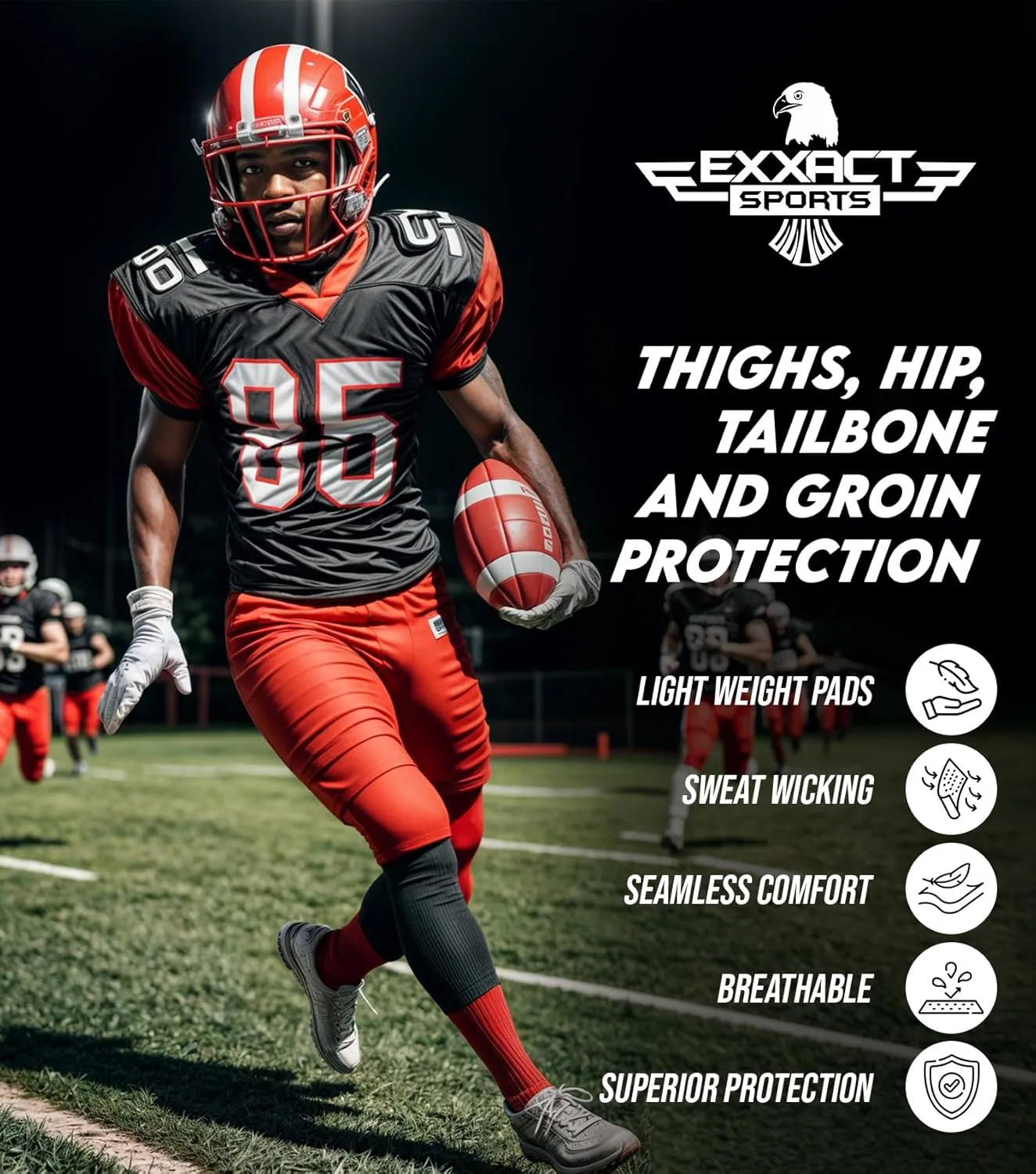 Exxact Sports Touchdown 5-Pad Adult Football Girdle for Men with Cup Pocket, Lightweight Padded Compression Shorts with Integrated Hip, Thigh, Tailbone Pads, Men's Girdle Football