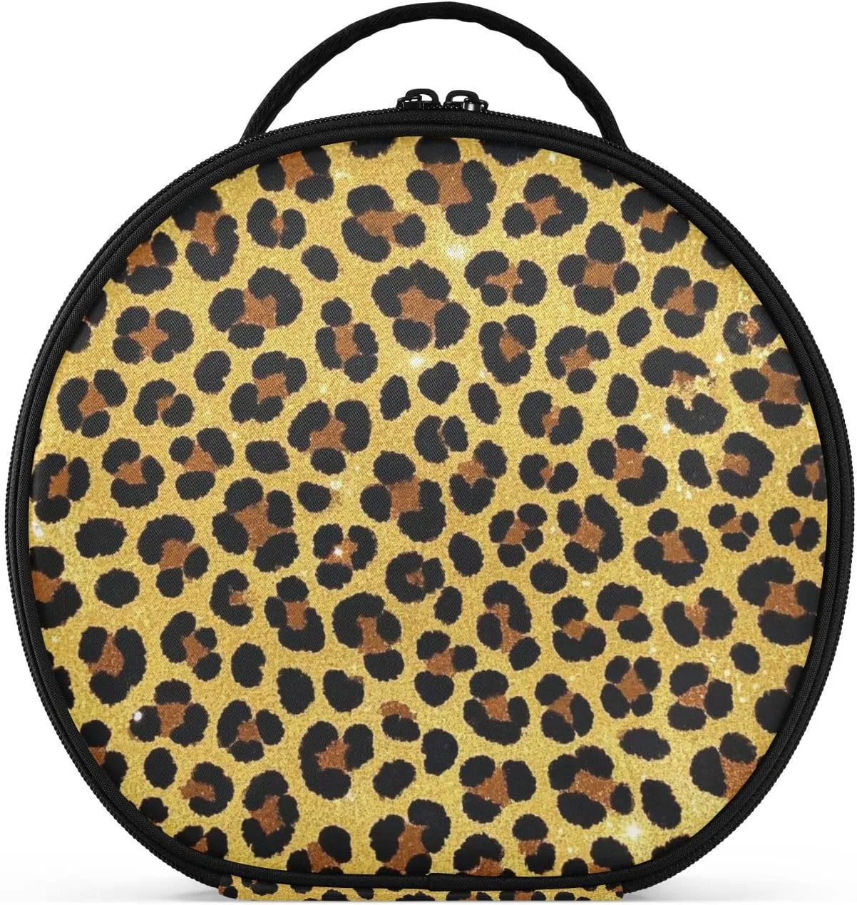 Fake Glitter Leopard Print Gold Makeup Bag with Compartments & Handle Lightweight Travel Cosmetic Bag For Women with adjustable dividers 11 IN