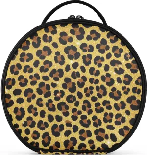 Fake Glitter Leopard Print Gold Makeup Bag with Compartments & Handle Lightweight Travel Cosmetic Bag For Women with adjustable dividers 11 IN