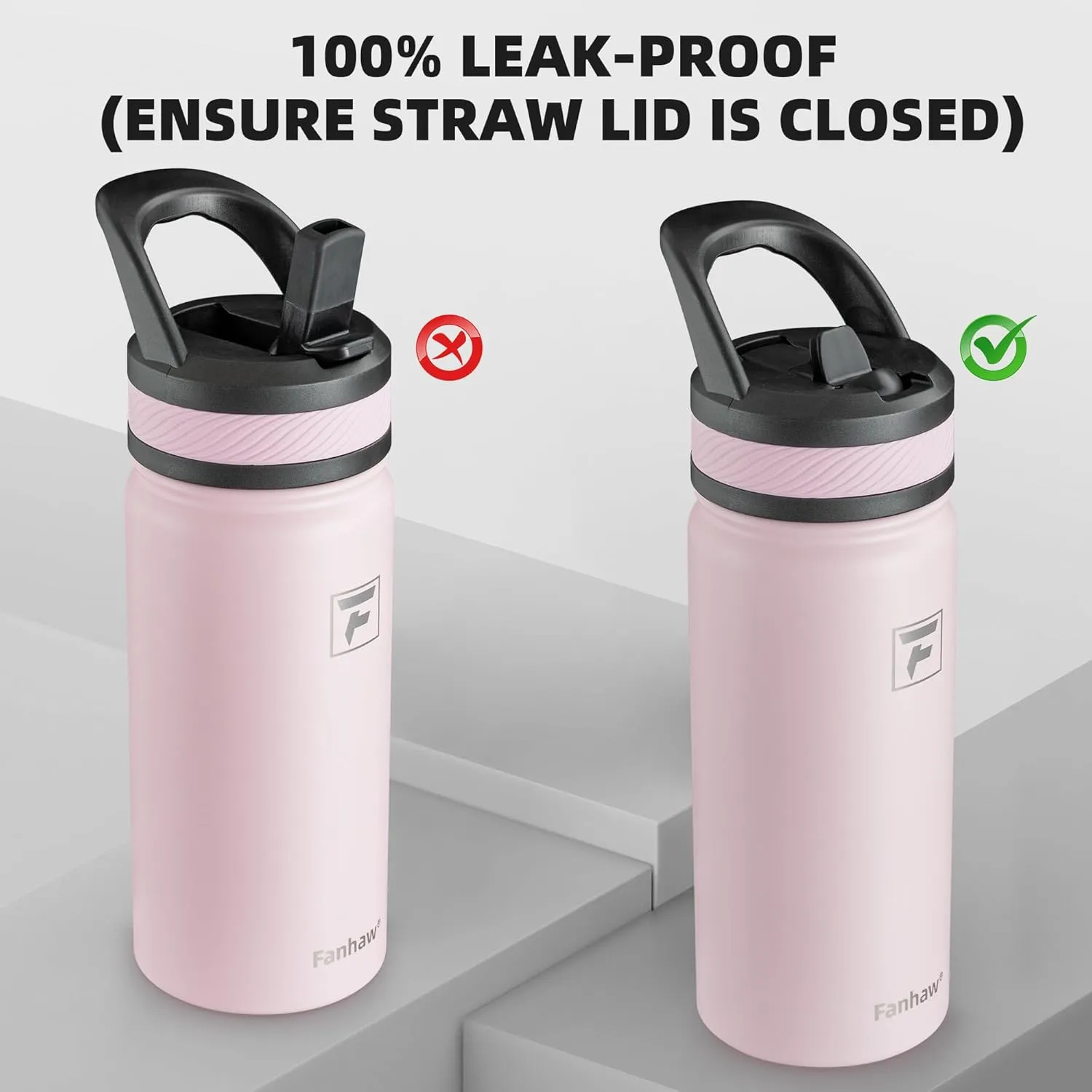 Fanhaw 18 Oz Kids Insulated Water Bottle with Straw Lid – Stainless Steel Double Wall Vacuum, Leak-Proof, BPA-Free Water Bottles for School Boys & Girls(Pink)