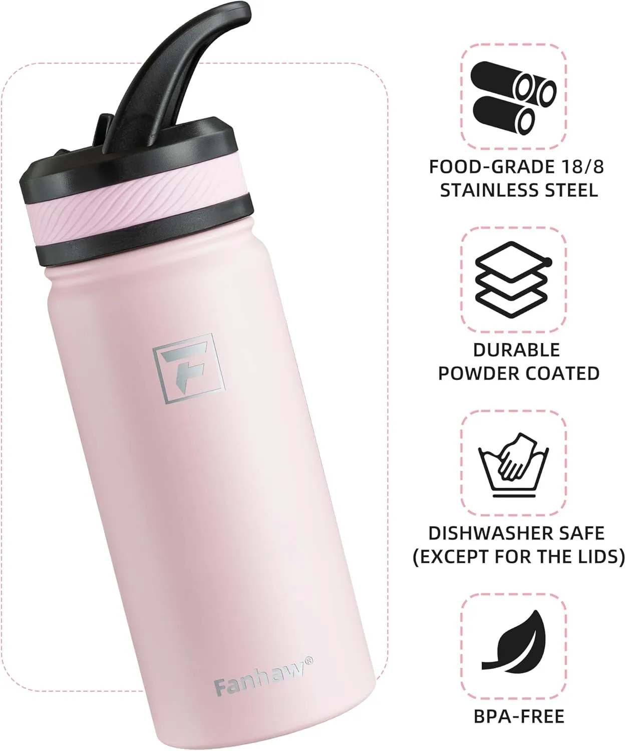 Fanhaw 18 Oz Kids Insulated Water Bottle with Straw Lid – Stainless Steel Double Wall Vacuum, Leak-Proof, BPA-Free Water Bottles for School Boys & Girls(Pink)
