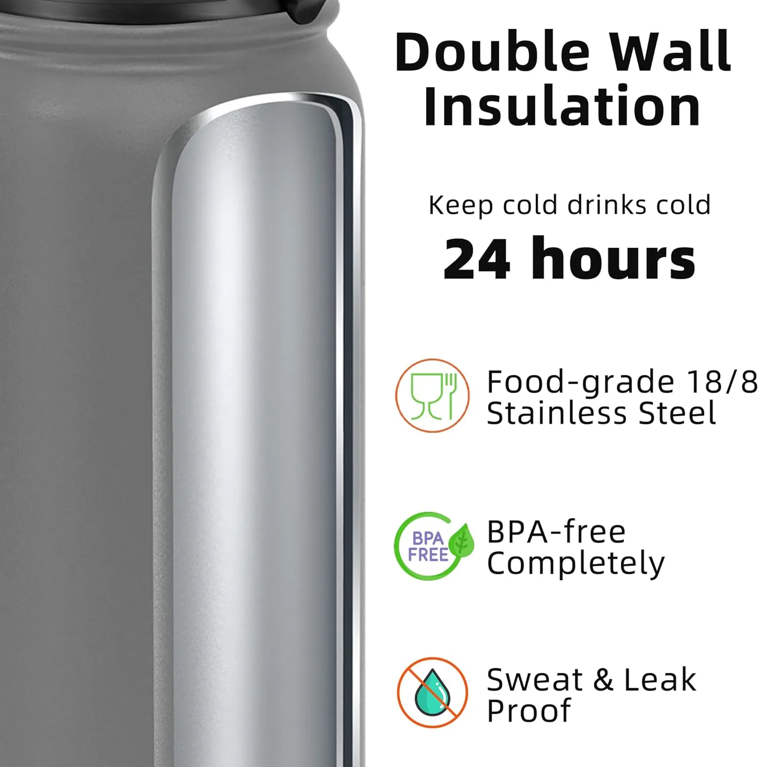 Fanhaw 20 Oz Stainless Steel Insulated Sports Water Bottles with Straw for Kids, Men and Women (Gray)