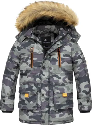 FARVALUE Boy Winter Coat Warm Quilted Puffer Water Resistant Parka Jacket with Detachable Fur Hood for Big Boys