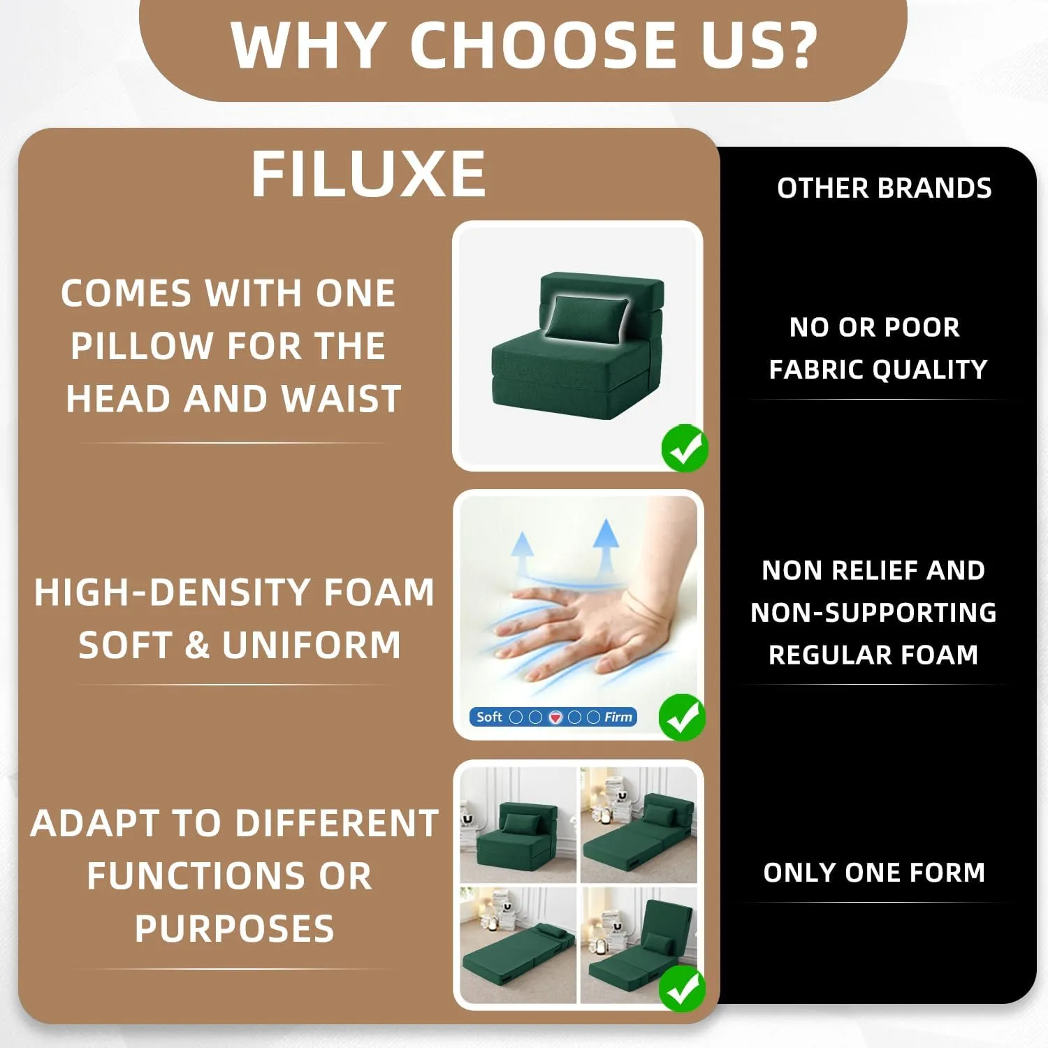 FILUXE Convertible Folding Sofa Bed-Sleeper Chair with Pillow, Modern Linen Fabric Floor & Futon Couch, Foldable Mattress for Living Room/Dorm/Guest Use/Home Office/Apartment, Single Size,Dark Green