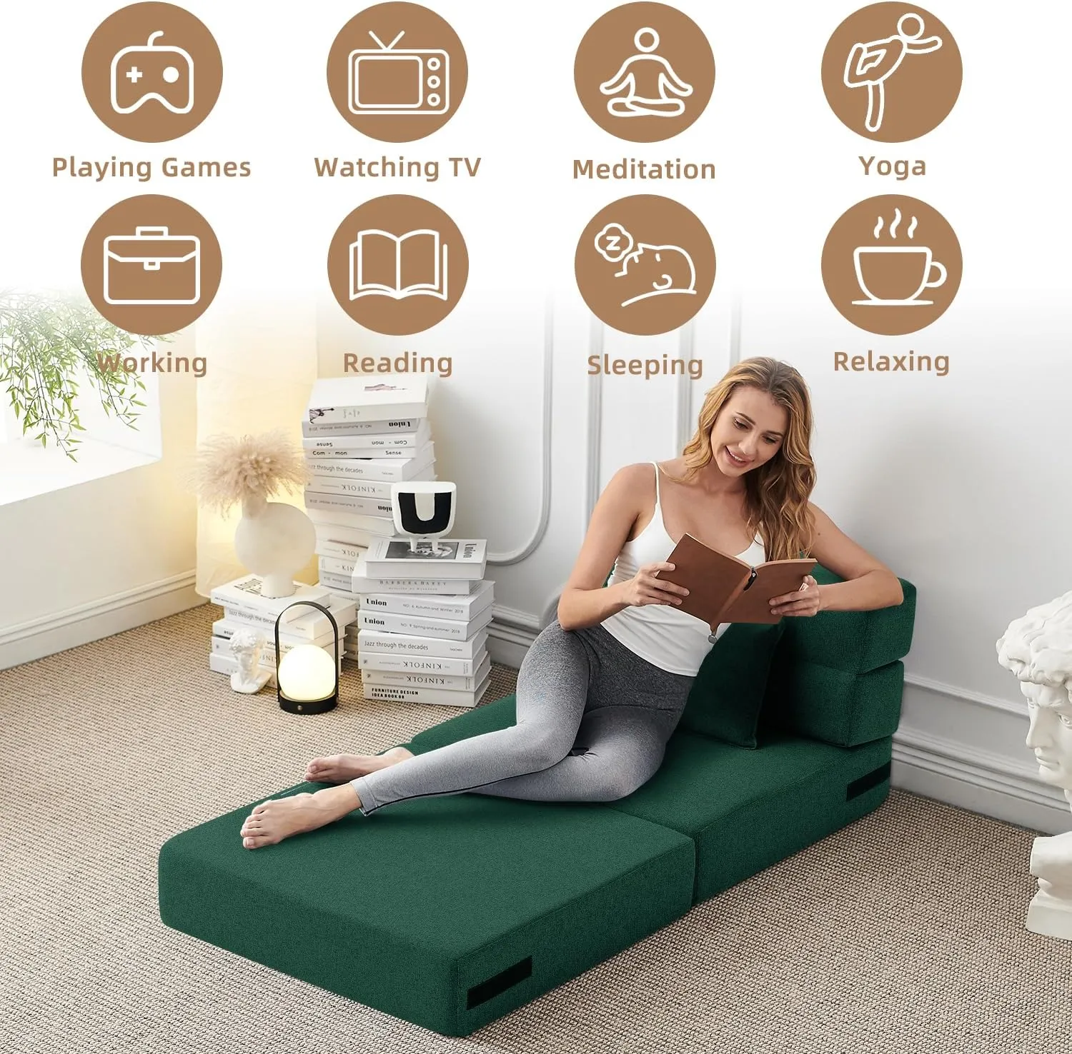 FILUXE Convertible Folding Sofa Bed-Sleeper Chair with Pillow, Modern Linen Fabric Floor & Futon Couch, Foldable Mattress for Living Room/Dorm/Guest Use/Home Office/Apartment, Single Size,Dark Green