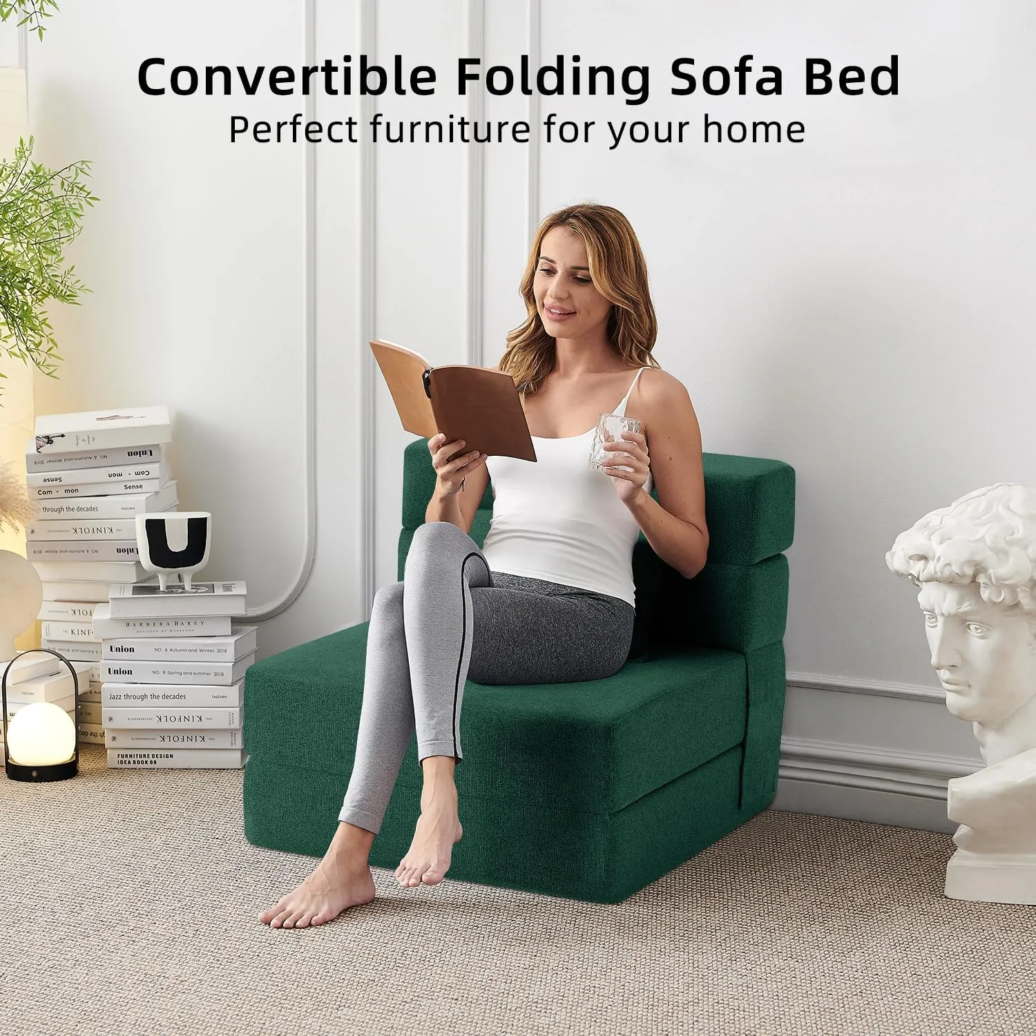 FILUXE Convertible Folding Sofa Bed-Sleeper Chair with Pillow, Modern Linen Fabric Floor & Futon Couch, Foldable Mattress for Living Room/Dorm/Guest Use/Home Office/Apartment, Single Size,Dark Green