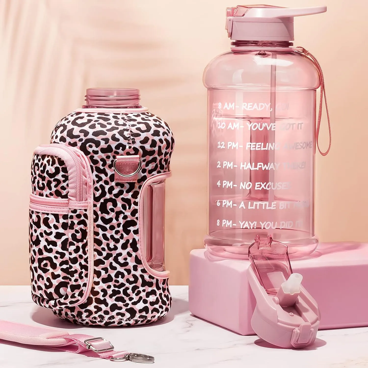 Fimibuke Half Gallon Water Bottle with Sleeve 64 OZ Water Bottle with Handle & Straw Leakproof Motivational Sports Gym Water Bottle with Time Marker BPA Free Water Jug with Reusable Neoprene Holder