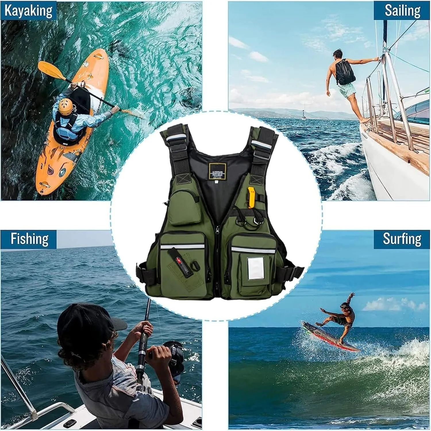 Fishing Jackets with Adjustable Shoulder Waist, Whistle for Paddle Boarding Kayaking Snorkel Watersports