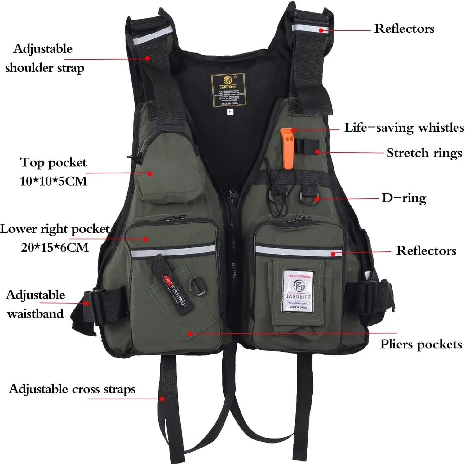 Fishing Jackets with Adjustable Shoulder Waist, Whistle for Paddle Boarding Kayaking Snorkel Watersports