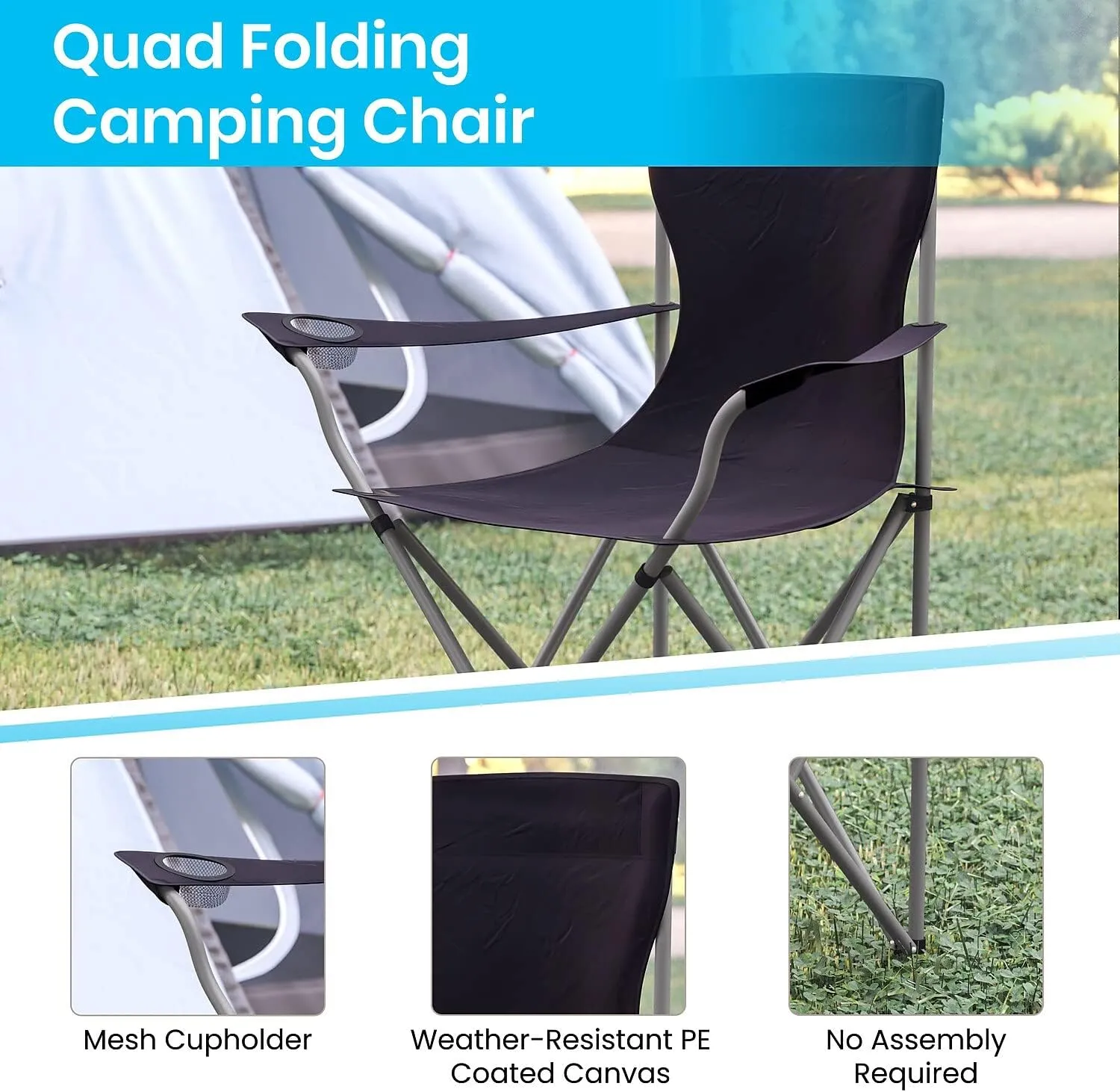 Flash Furniture Portable Folding Camping and Sports Chair with Armrest Cupholder - Portable Black Indoor/Outdoor Fishing Chair - Extra Wide Carry Bag