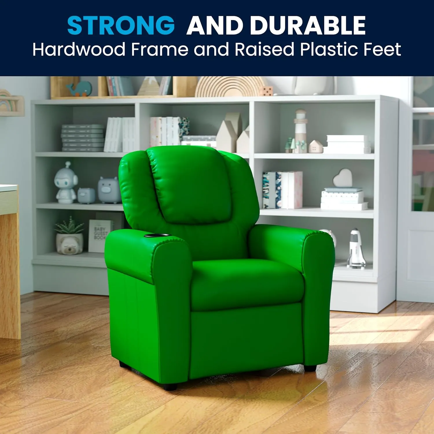 Flash Furniture Vana Vinyl Kids Recliner with Cup Holder, Headrest, and Safety Recline, Contemporary Reclining Chair for Kids, Supports up to 90 lbs., Green