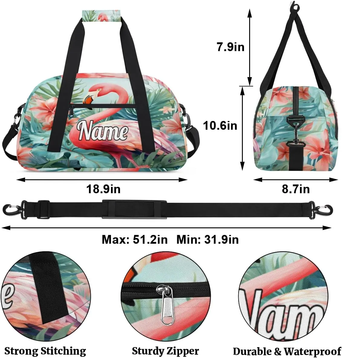Floral Print Pink Flamingo Personalized Kids Gym Bag Custom Name Sport Duffel Bag Dance Ballet Bag for Girls Practice Workout Bag