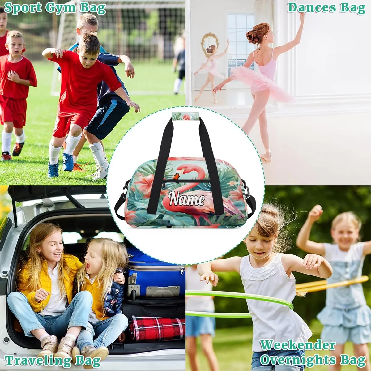 Floral Print Pink Flamingo Personalized Kids Gym Bag Custom Name Sport Duffel Bag Dance Ballet Bag for Girls Practice Workout Bag
