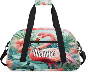 Floral Print Pink Flamingo Personalized Kids Gym Bag Custom Name Sport Duffel Bag Dance Ballet Bag for Girls Practice Workout Bag