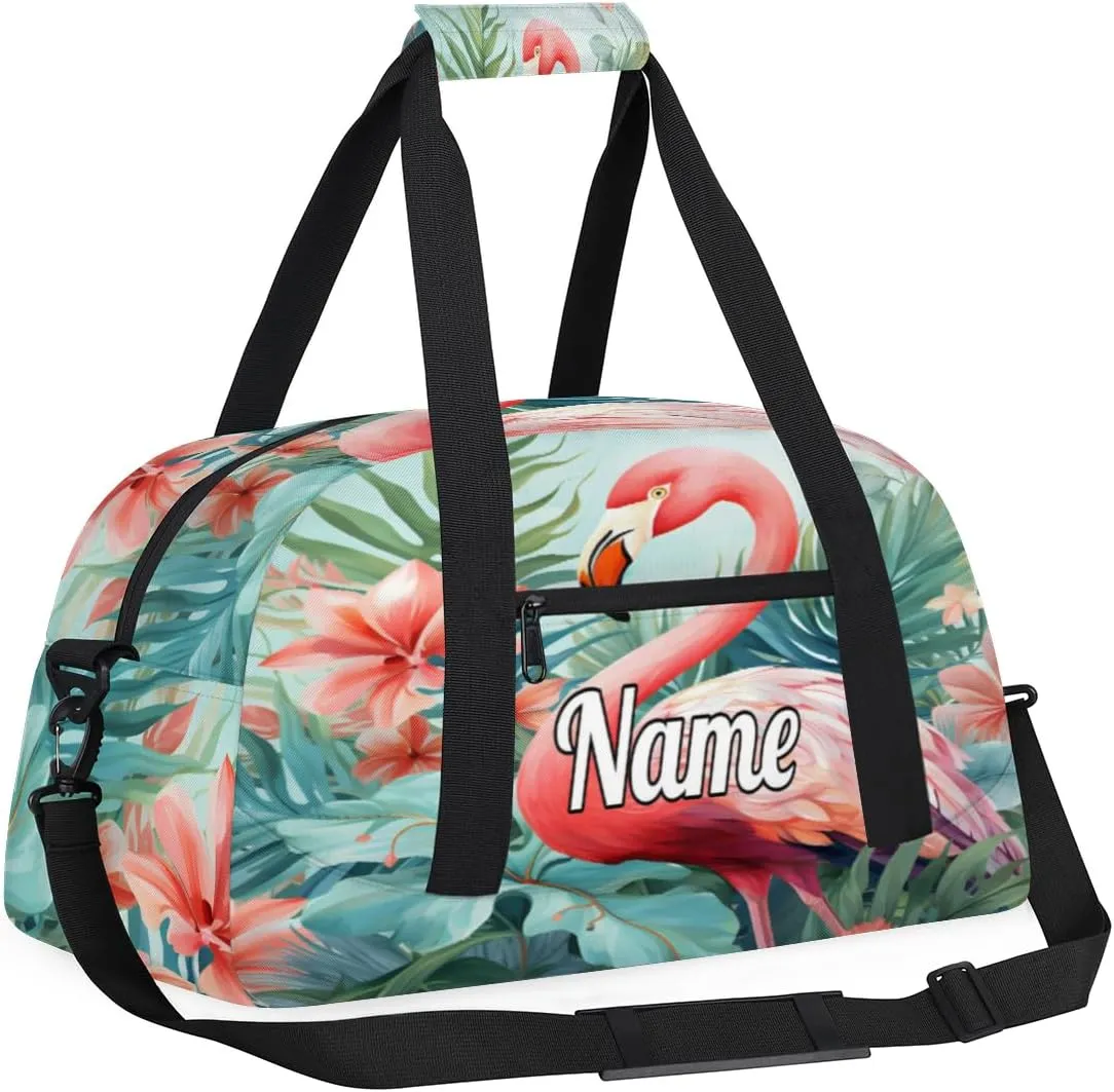 Floral Print Pink Flamingo Personalized Kids Gym Bag Custom Name Sport Duffel Bag Dance Ballet Bag for Girls Practice Workout Bag