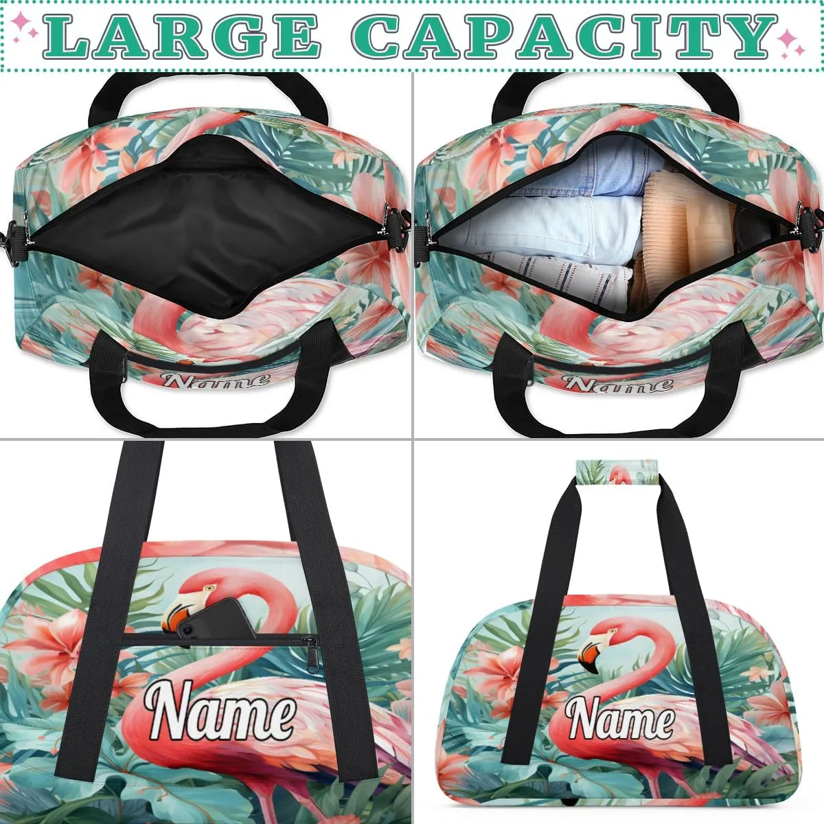 Floral Print Pink Flamingo Personalized Kids Gym Bag Custom Name Sport Duffel Bag Dance Ballet Bag for Girls Practice Workout Bag