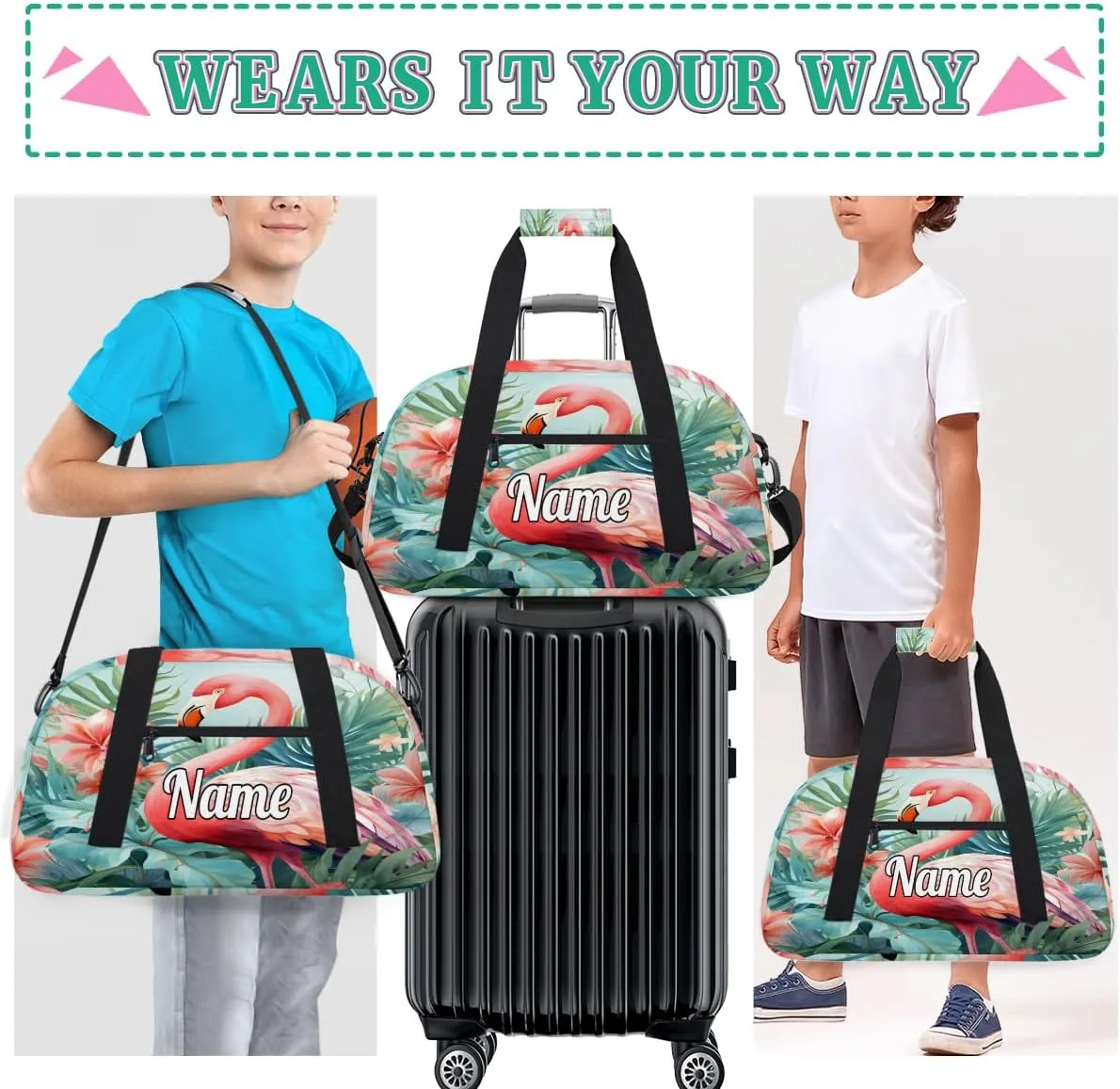 Floral Print Pink Flamingo Personalized Kids Gym Bag Custom Name Sport Duffel Bag Dance Ballet Bag for Girls Practice Workout Bag