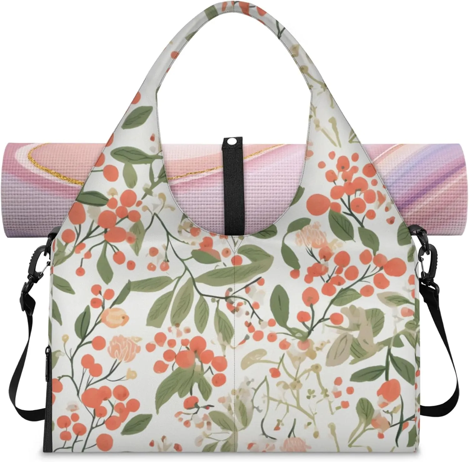Flowers Pattern Paper Gym Bag Yoga Mat Tote for Women with Shoes Compartment Lightweight Duffle Travel Carrier Wet Dry Storage Pockets Adjustable Pilates Mats Shoulder Bags for Sport Swim