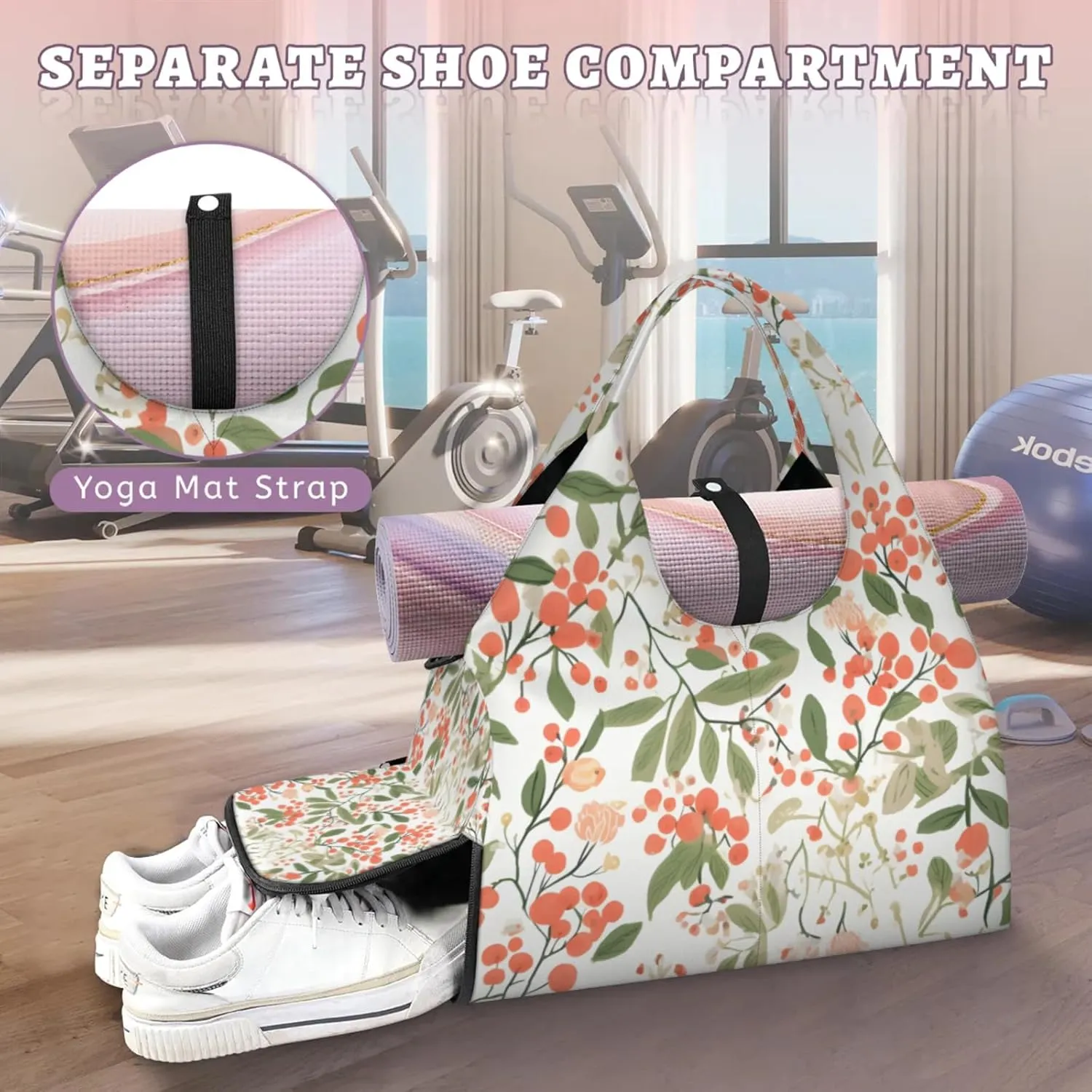Flowers Pattern Paper Gym Bag Yoga Mat Tote for Women with Shoes Compartment Lightweight Duffle Travel Carrier Wet Dry Storage Pockets Adjustable Pilates Mats Shoulder Bags for Sport Swim
