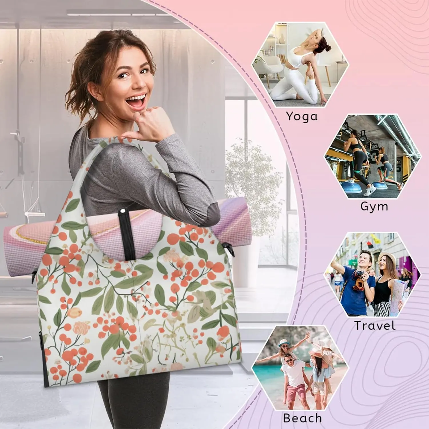 Flowers Pattern Paper Gym Bag Yoga Mat Tote for Women with Shoes Compartment Lightweight Duffle Travel Carrier Wet Dry Storage Pockets Adjustable Pilates Mats Shoulder Bags for Sport Swim