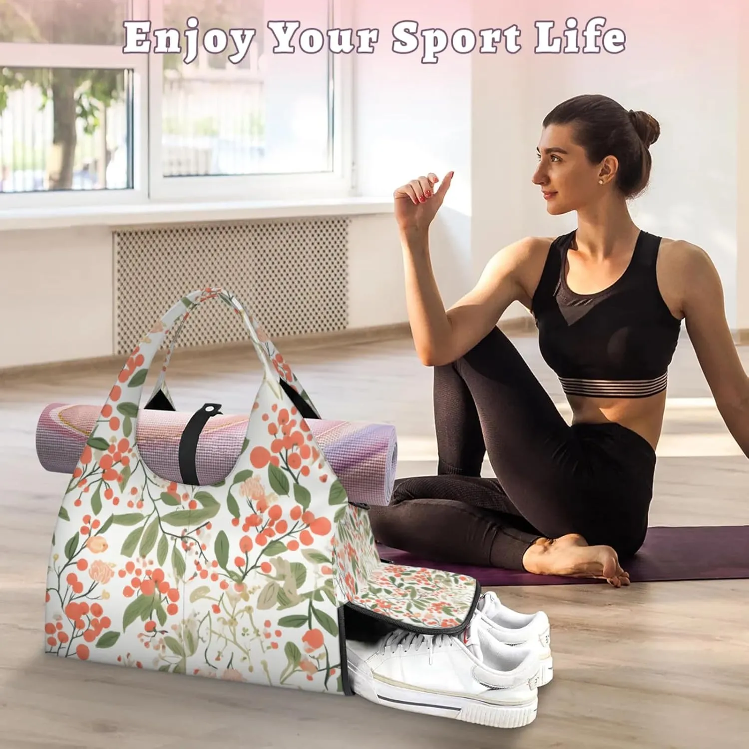 Flowers Pattern Paper Gym Bag Yoga Mat Tote for Women with Shoes Compartment Lightweight Duffle Travel Carrier Wet Dry Storage Pockets Adjustable Pilates Mats Shoulder Bags for Sport Swim