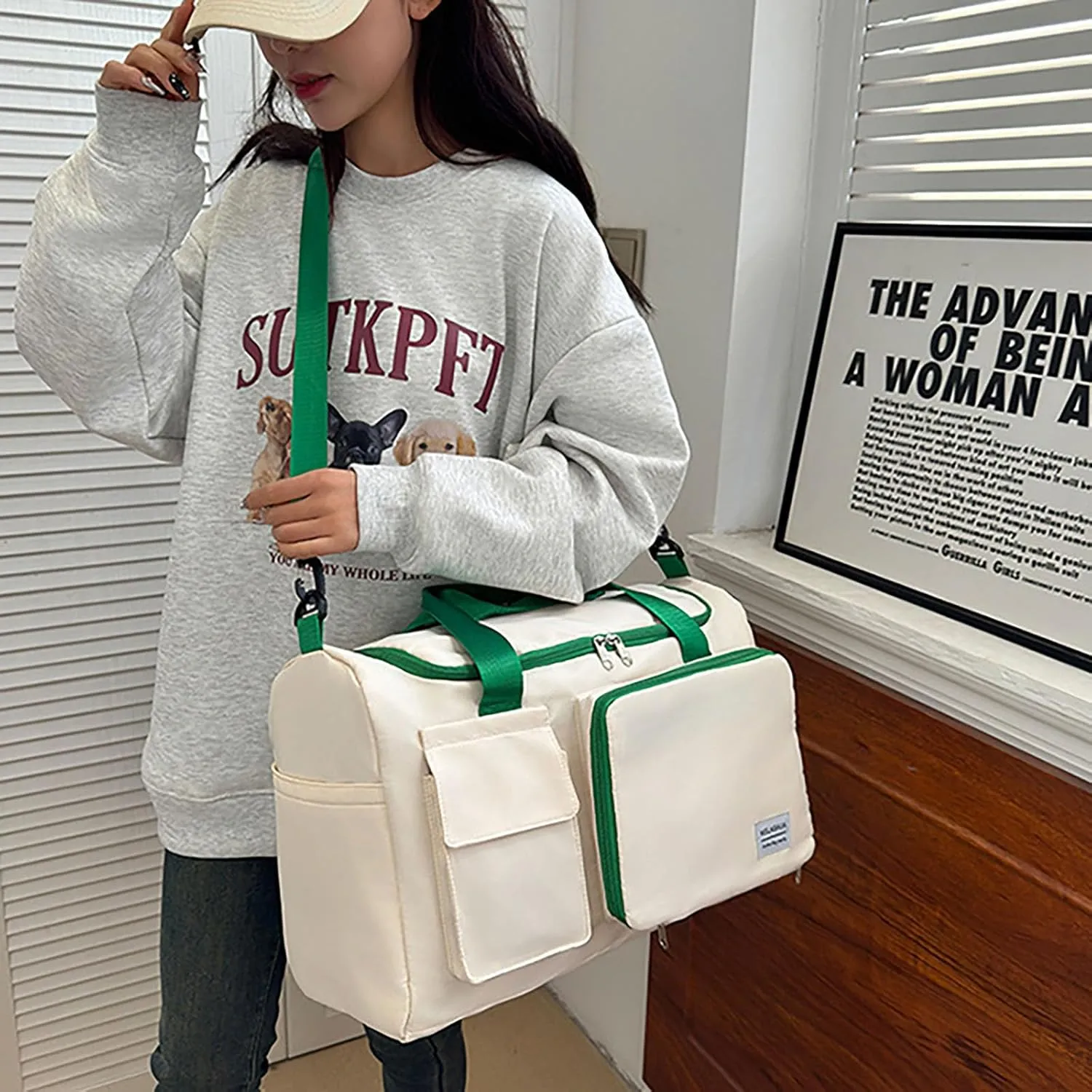 Foldable Tote Travel Duffel Bag Dry Wet Separation Sports Duffle Bag with Shoes Compartment Weekender Overnight Bag for Women (White Lightgreen)