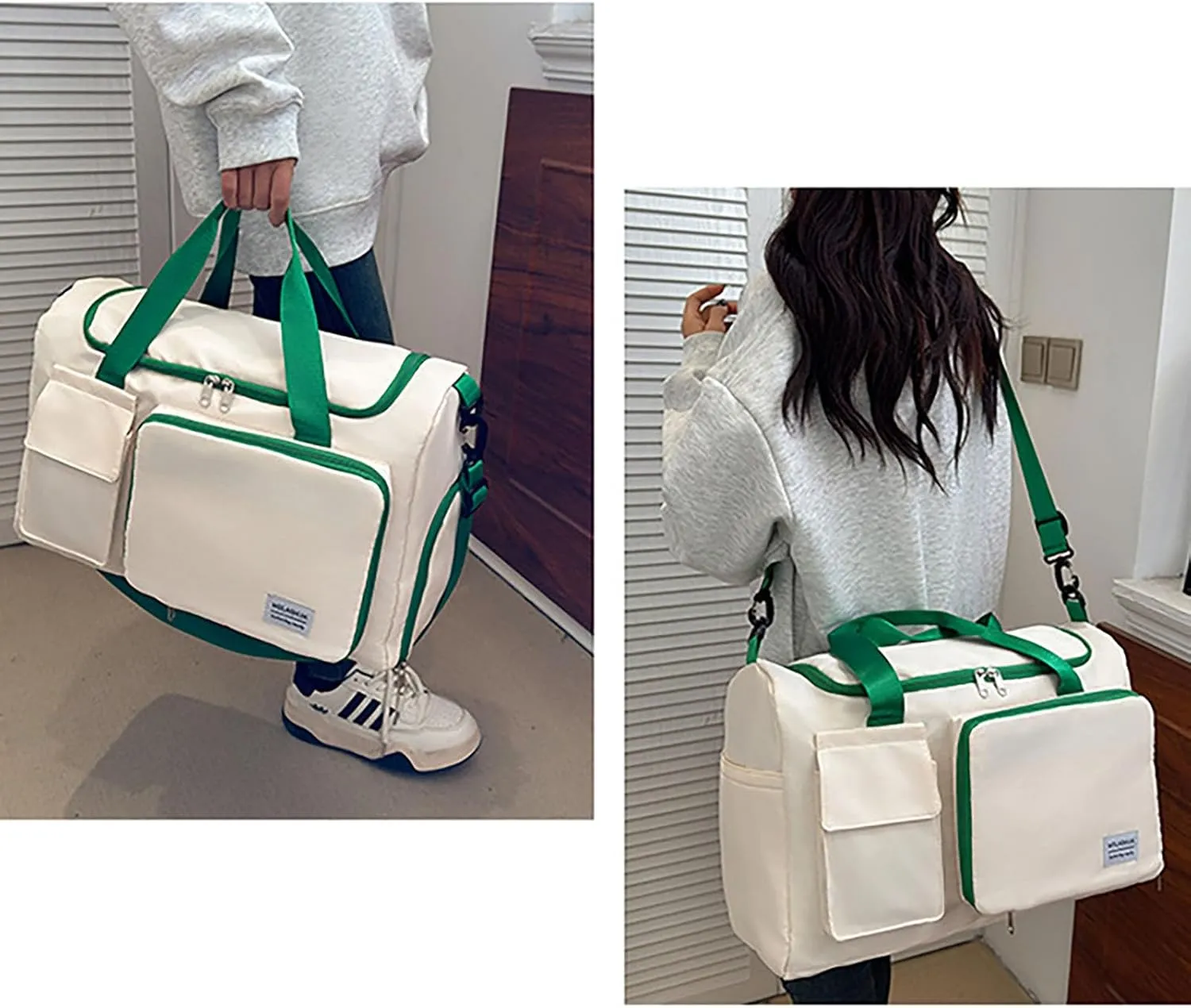 Foldable Tote Travel Duffel Bag Dry Wet Separation Sports Duffle Bag with Shoes Compartment Weekender Overnight Bag for Women (White Lightgreen)