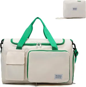 Foldable Tote Travel Duffel Bag Dry Wet Separation Sports Duffle Bag with Shoes Compartment Weekender Overnight Bag for Women (White Lightgreen)