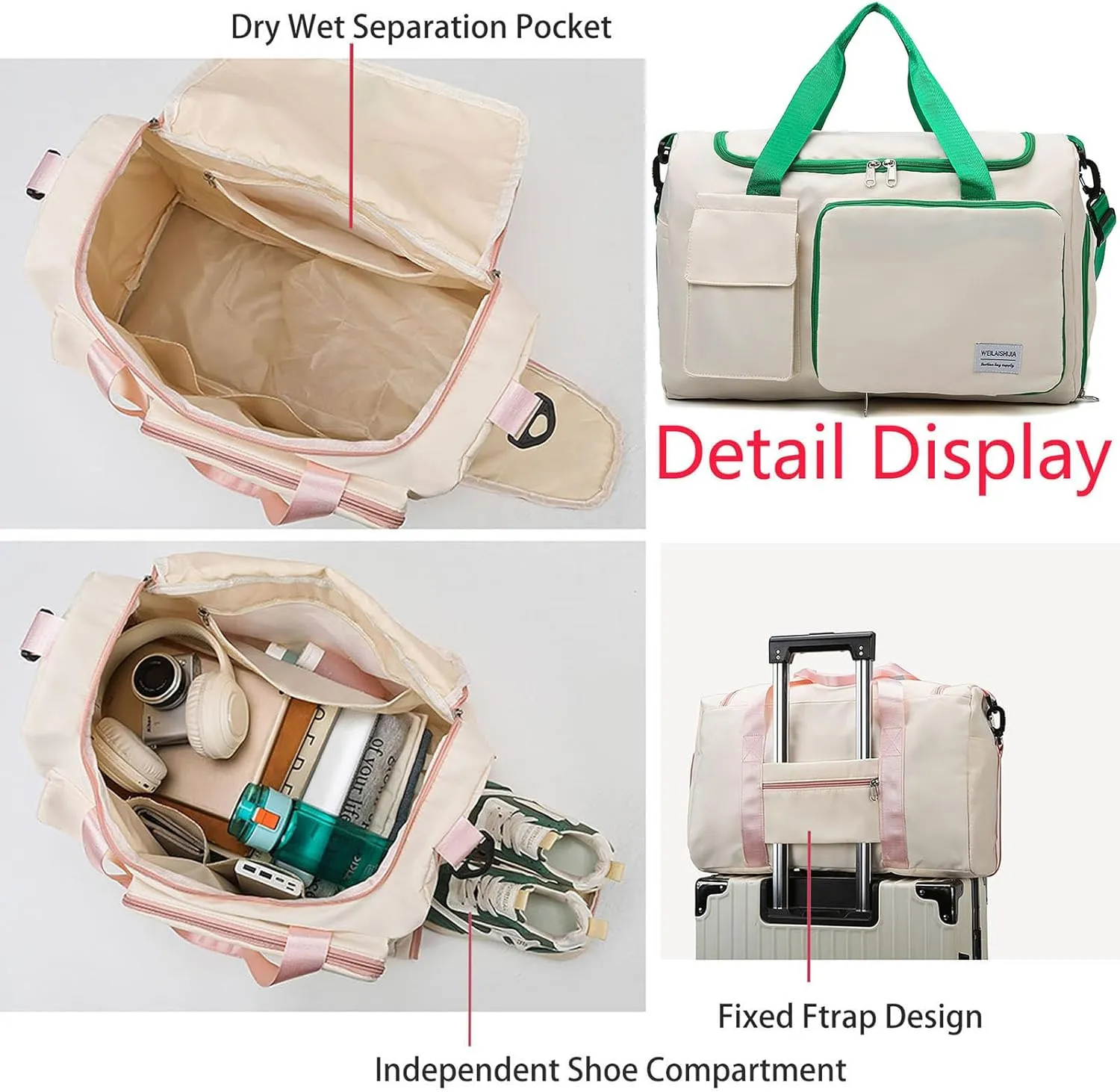 Foldable Tote Travel Duffel Bag Dry Wet Separation Sports Duffle Bag with Shoes Compartment Weekender Overnight Bag for Women (White Lightgreen)