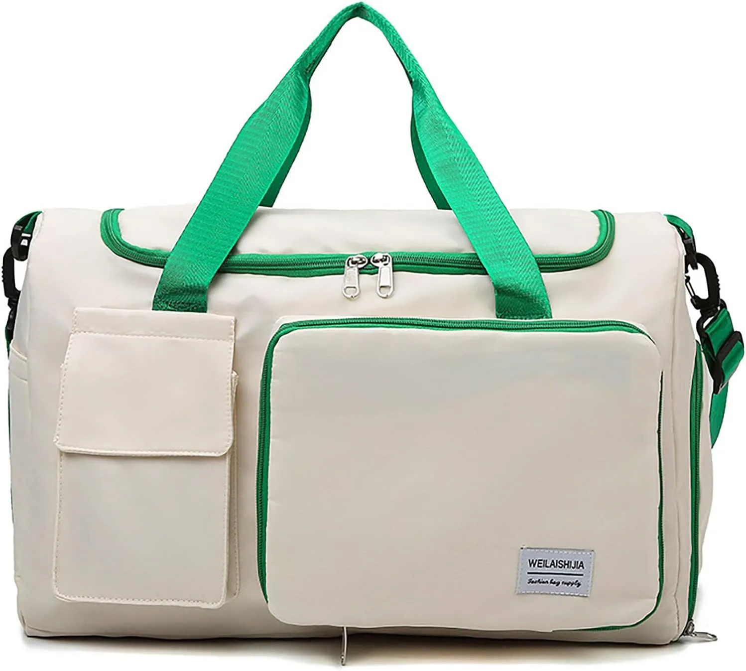 Foldable Tote Travel Duffel Bag Dry Wet Separation Sports Duffle Bag with Shoes Compartment Weekender Overnight Bag for Women (White Lightgreen)